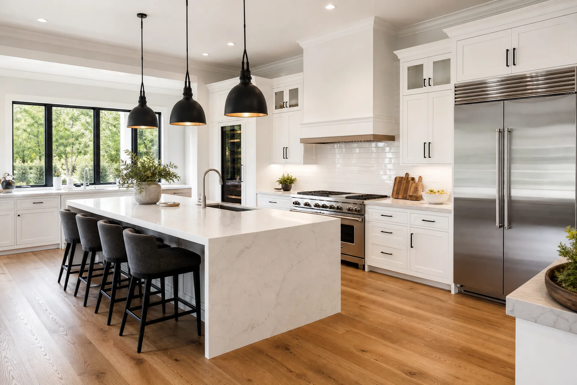 Elegant kitchen showcasing hardwood flooring, quartz countertops, tile backsplash, and painted walls